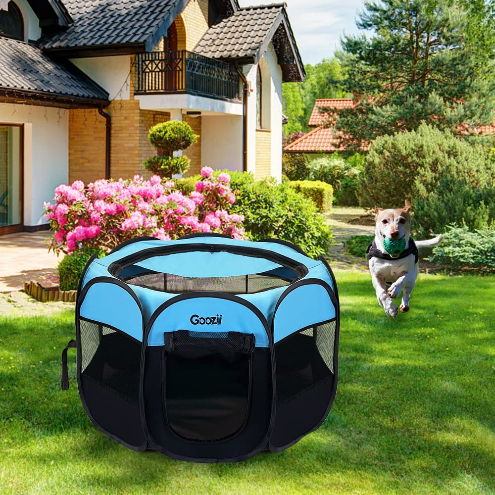 Goozii dog playpen mesh window for airflow and visibility.