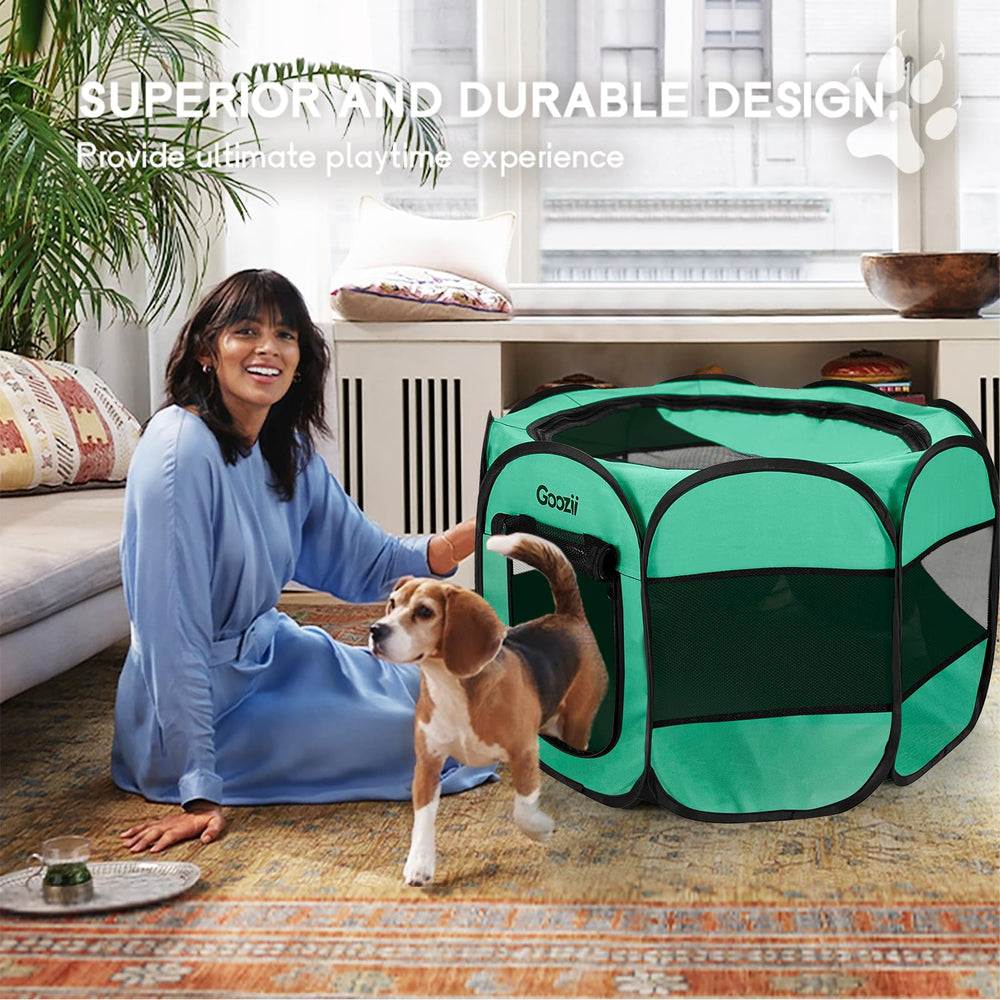 Goozii foldable puppy playpen sets up in seconds for on-the-go use