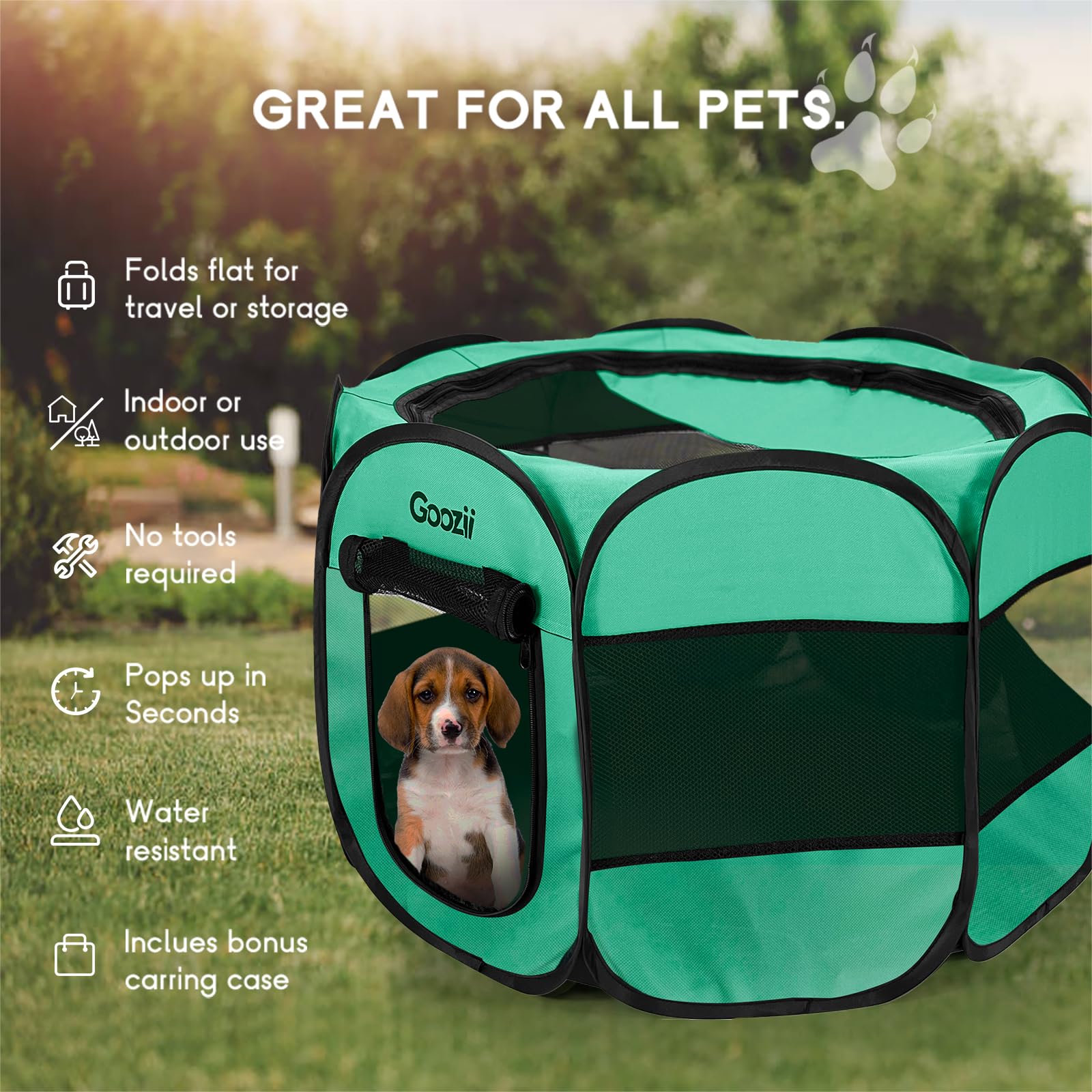 Goozii playpen featuring zipper top gate for easy pet access