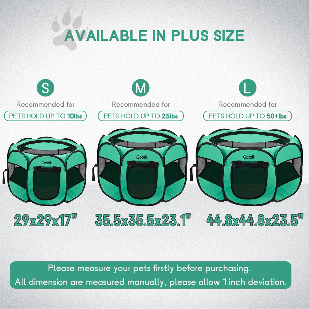 Goozii small dog playpen shows 29x29x17 dimensions for travel