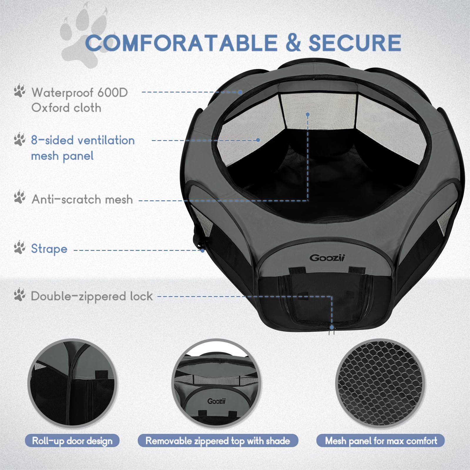 Goozii portable puppy playpen breathable mesh windows for ventilation