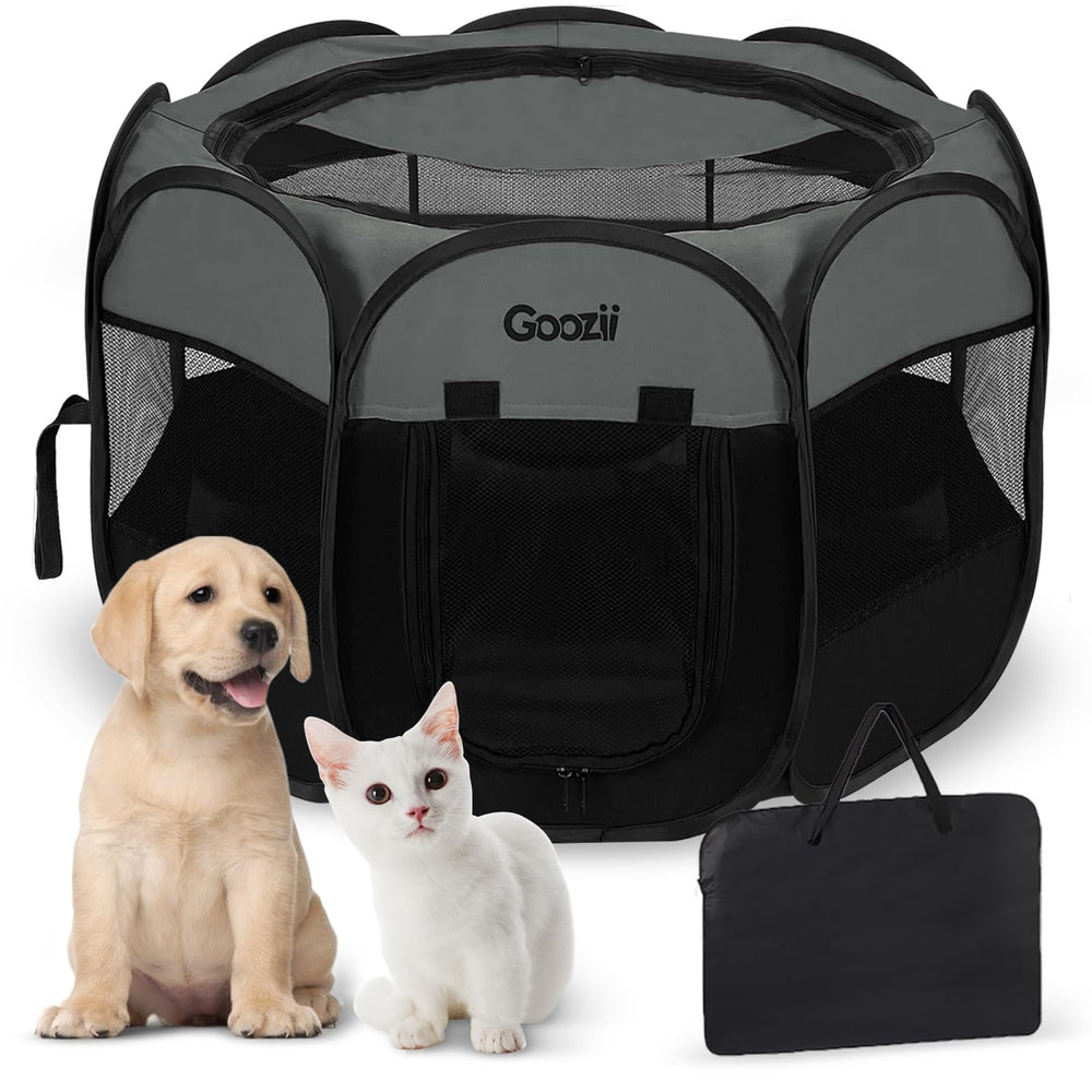 Goozii portable puppy playpen folded case showing compact travel storage