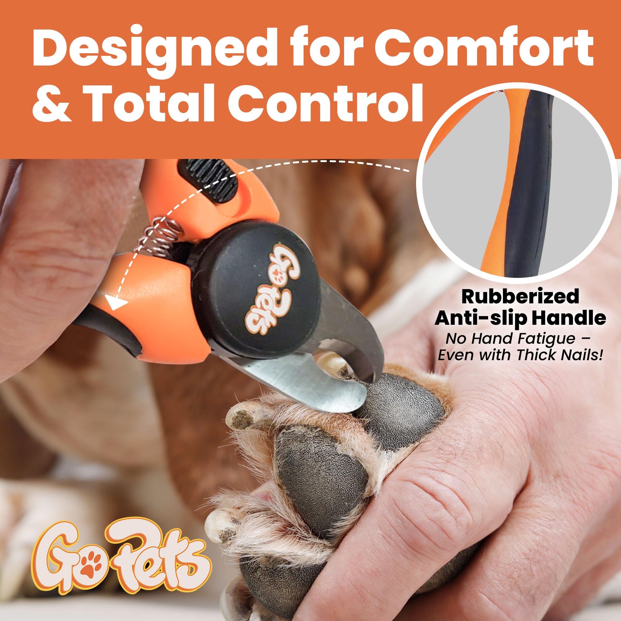 GoPets ergonomic, non-slip handle provides secure control during home grooming sessions.