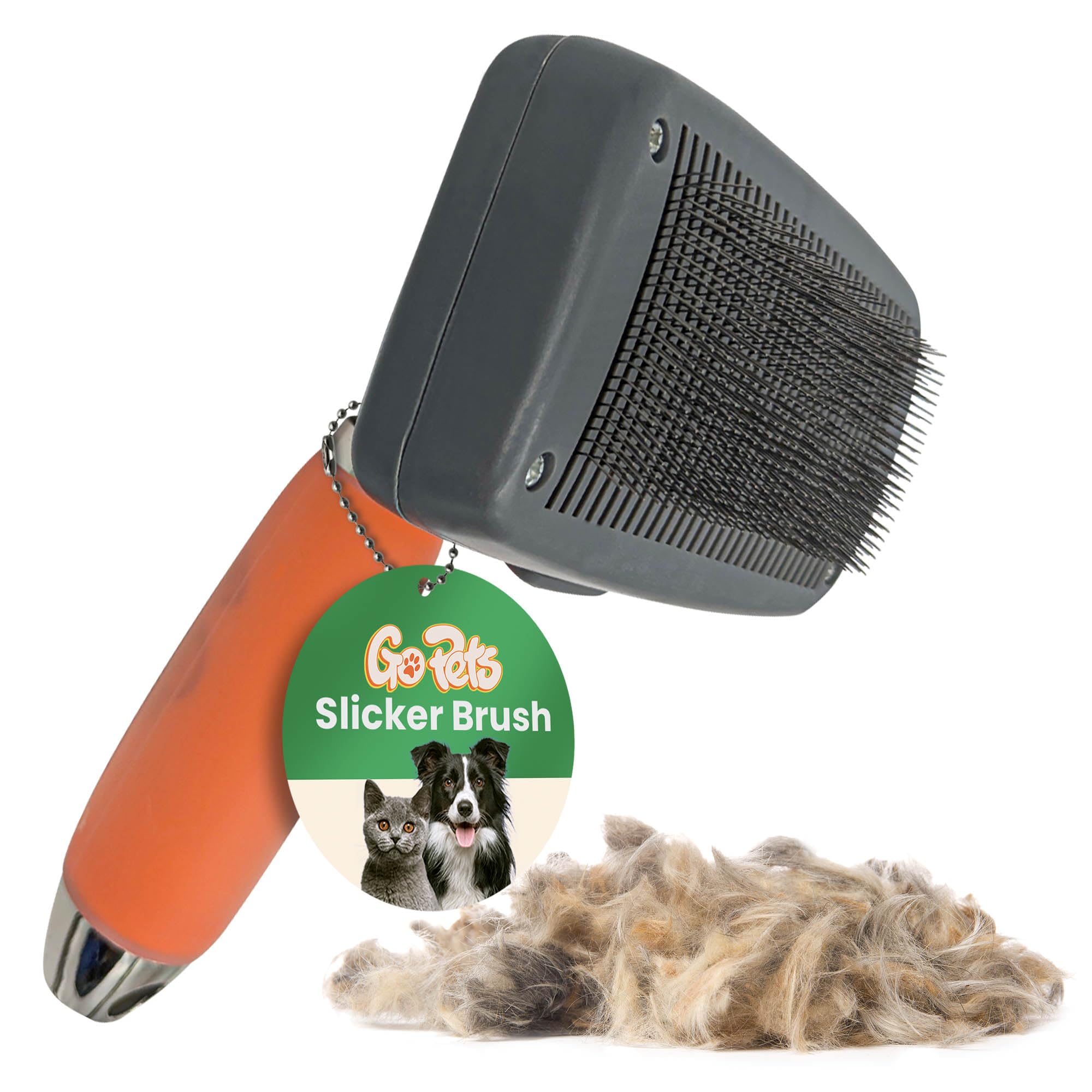 GoPets self-cleaning slicker brush for dogs and cats showing smooth detangling and shine benefits.