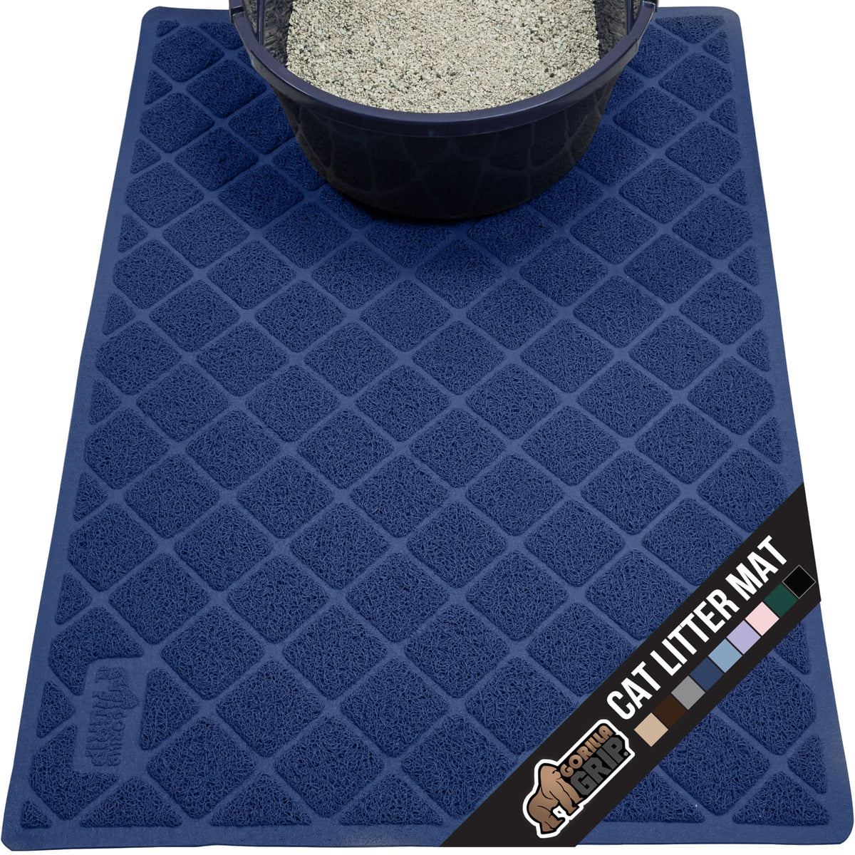 GORILLA GRIP cat litter box mat navy blue front view shows strong litter trapping