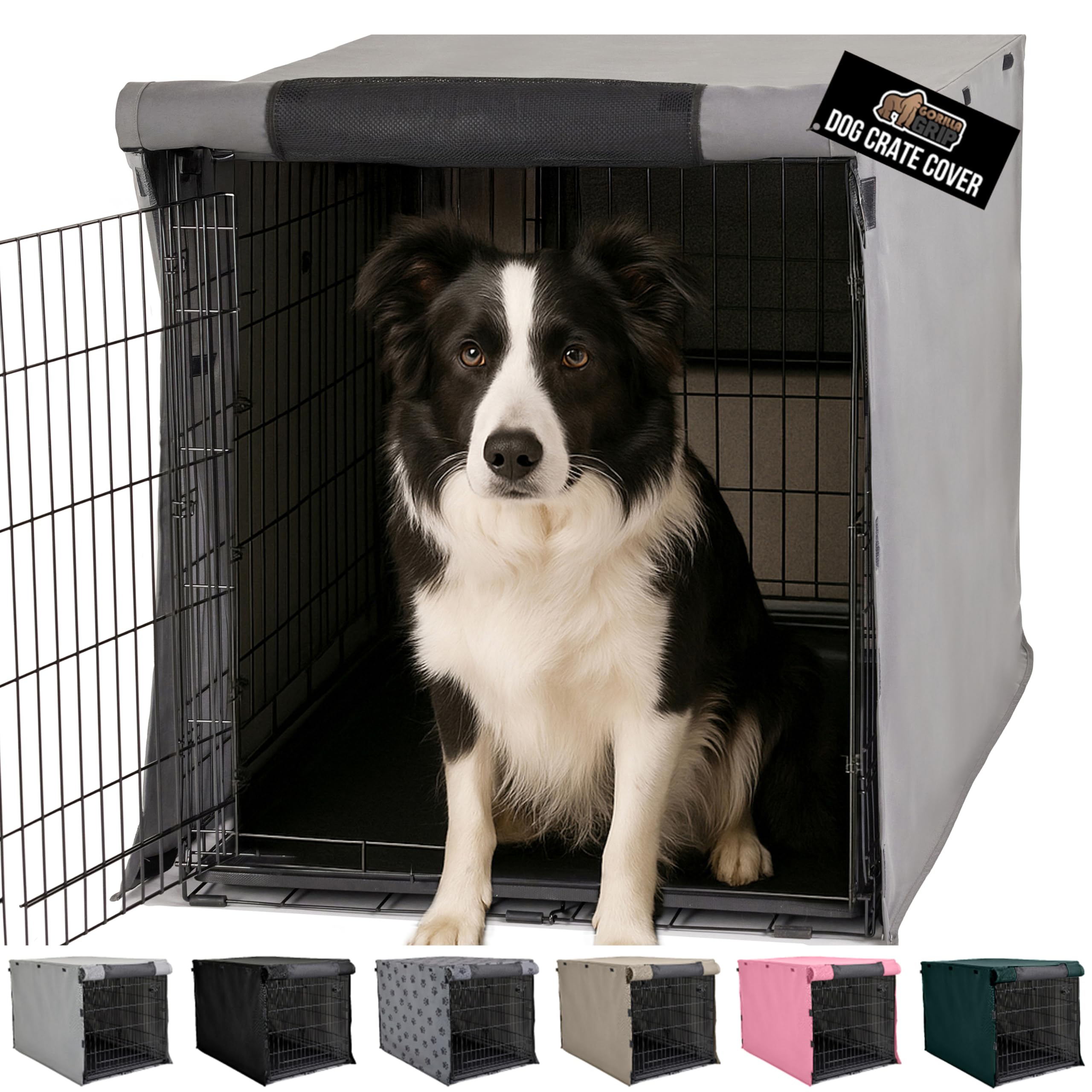 GORILLA GRIP dog crate cover with front mesh window for improved ventilation.