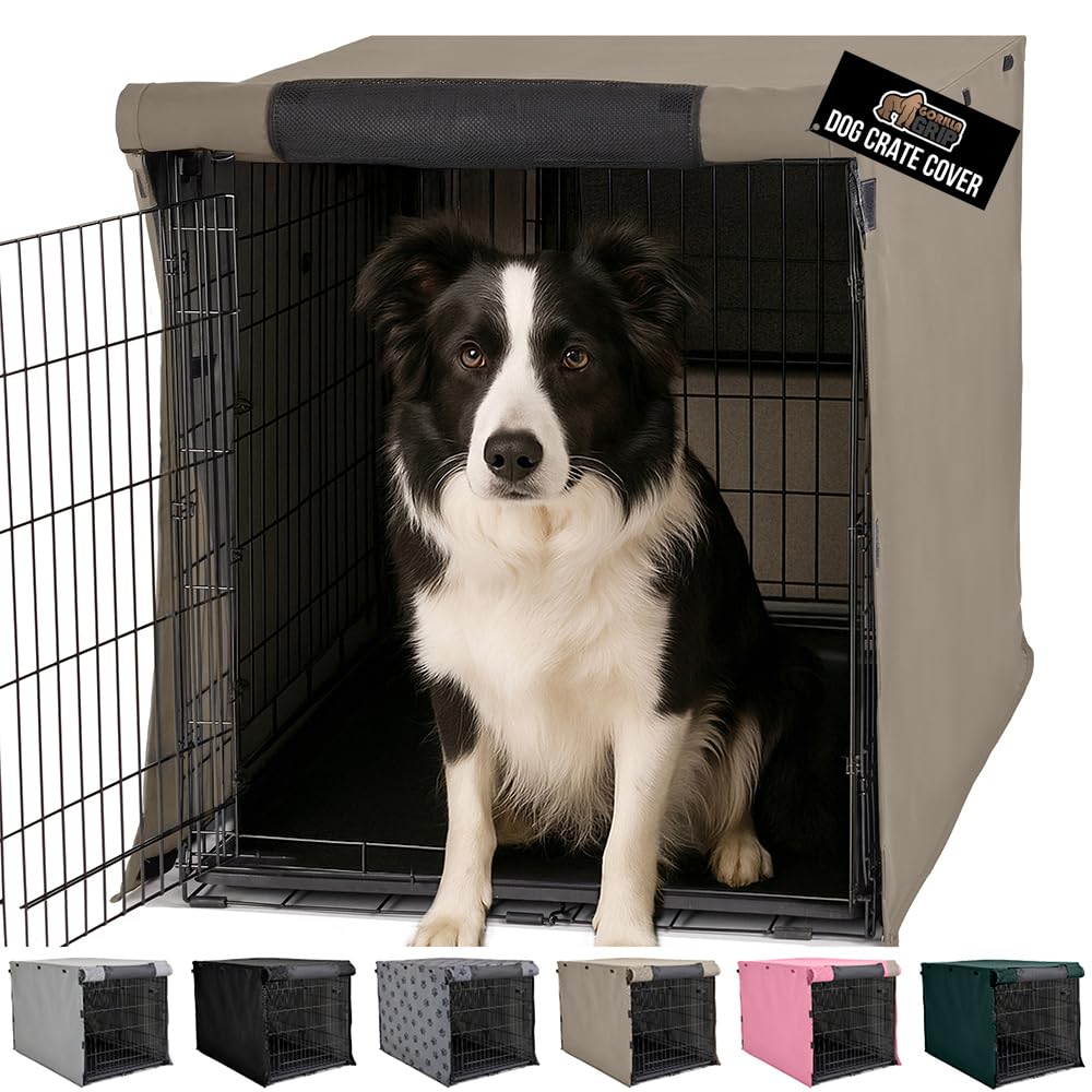GORILLA GRIP dog crate cover 36-inch standard-fit illustrates secure privacy for daytime crate time.
