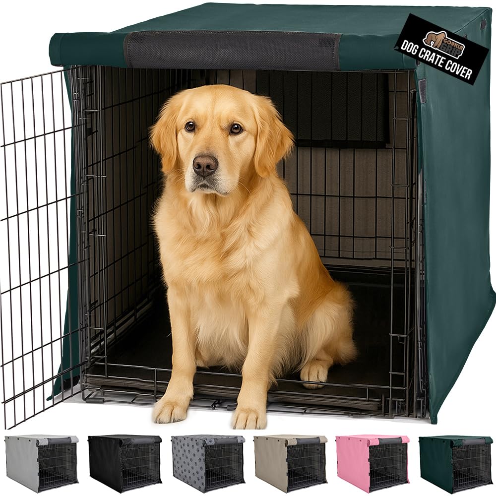 Gorilla Grip dog crate cover front view in hunter green provides privacy and calm.