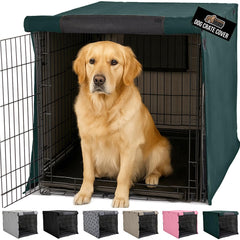 Gorilla Grip dog crate cover front view in hunter green provides privacy and calm.