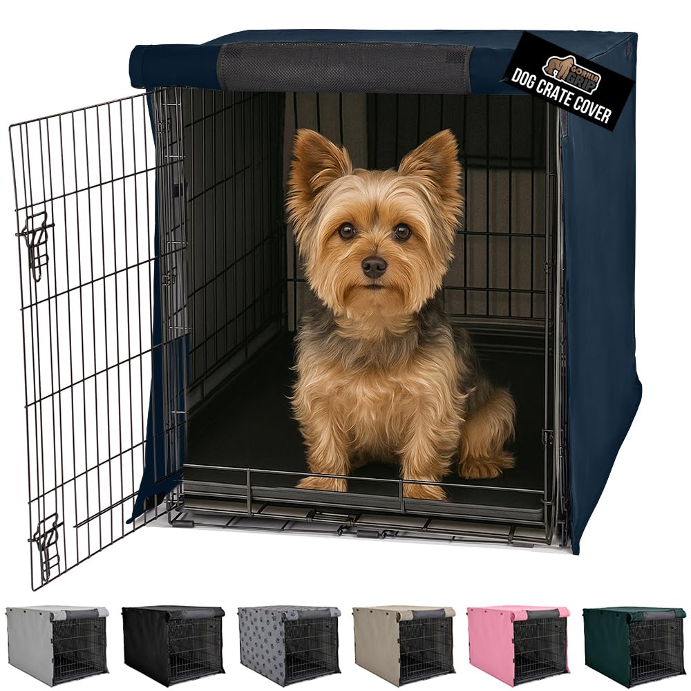 GORILLA GRIP dog crate cover on a 24-inch crate provides privacy and calm.