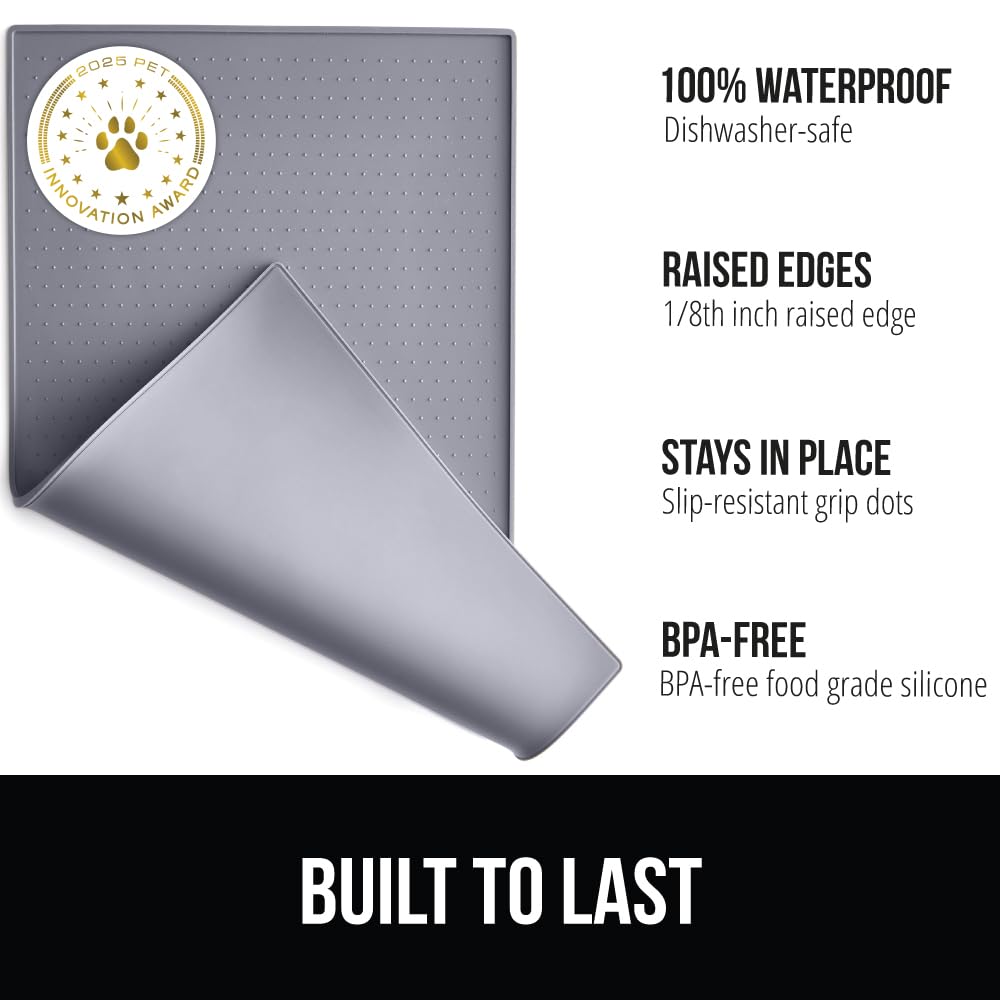 Gorilla Grip raised-edge pet mat contains spills during mealtime.