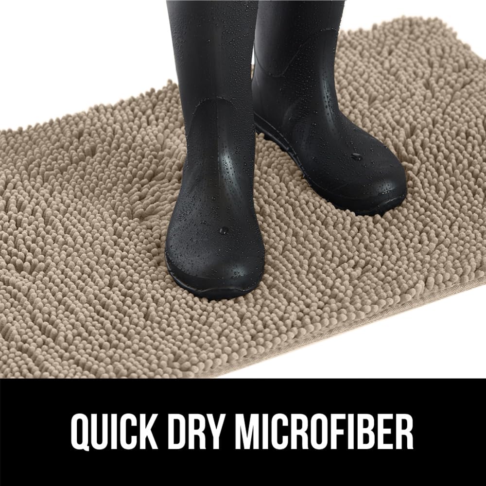 Gorilla Grip SoakStopper beige mat hides dirt between washes.