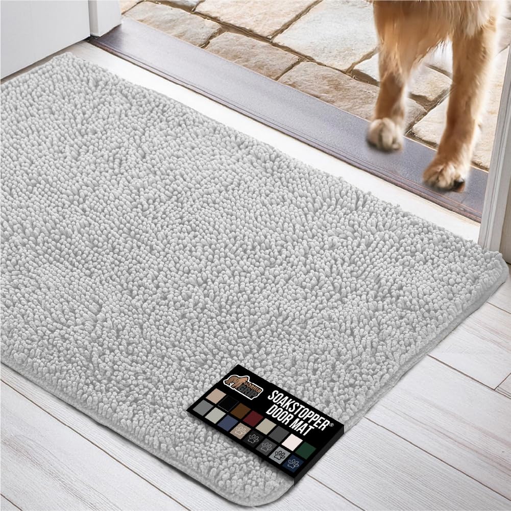 GORILLA GRIP SOAKSTOPPER dog door mat with an absorbent top layer soaks moisture from muddy paws