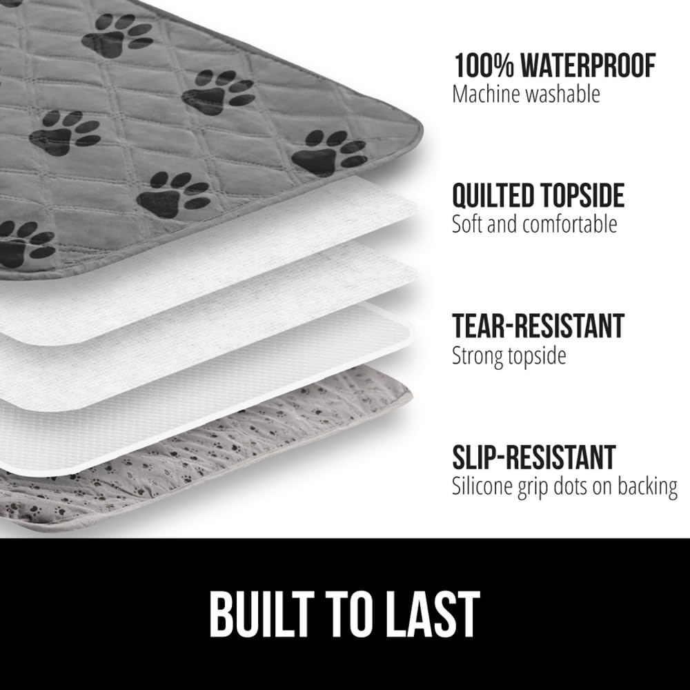 GORILLA GRIP waterproof layer cross-section shows leak protection for messy paws.