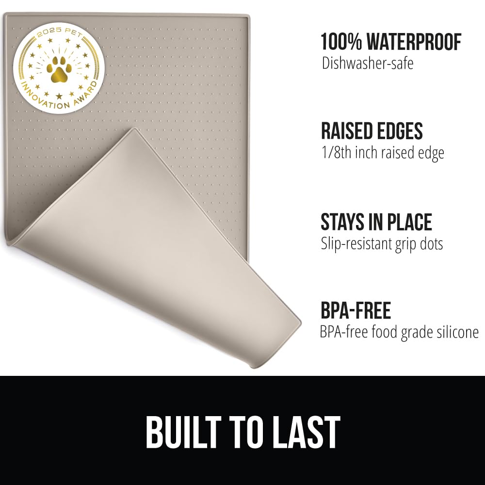 Gorilla Grip waterproof silicone mat under dog and cat bowls prevents floor mess.