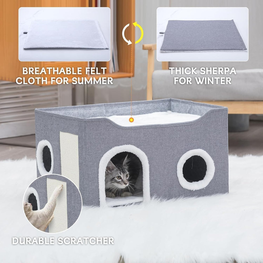 Gosipeya Cat House dual cushions provide year-round comfort with felt and sherpa.