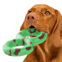 Goughnuts dog tug toy medium green closeup showing durable reinforced design for aggressive chewers.