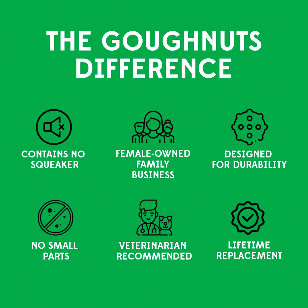 Goughnuts heavy-duty tug toy for dogs uses reinforced rubber in black.