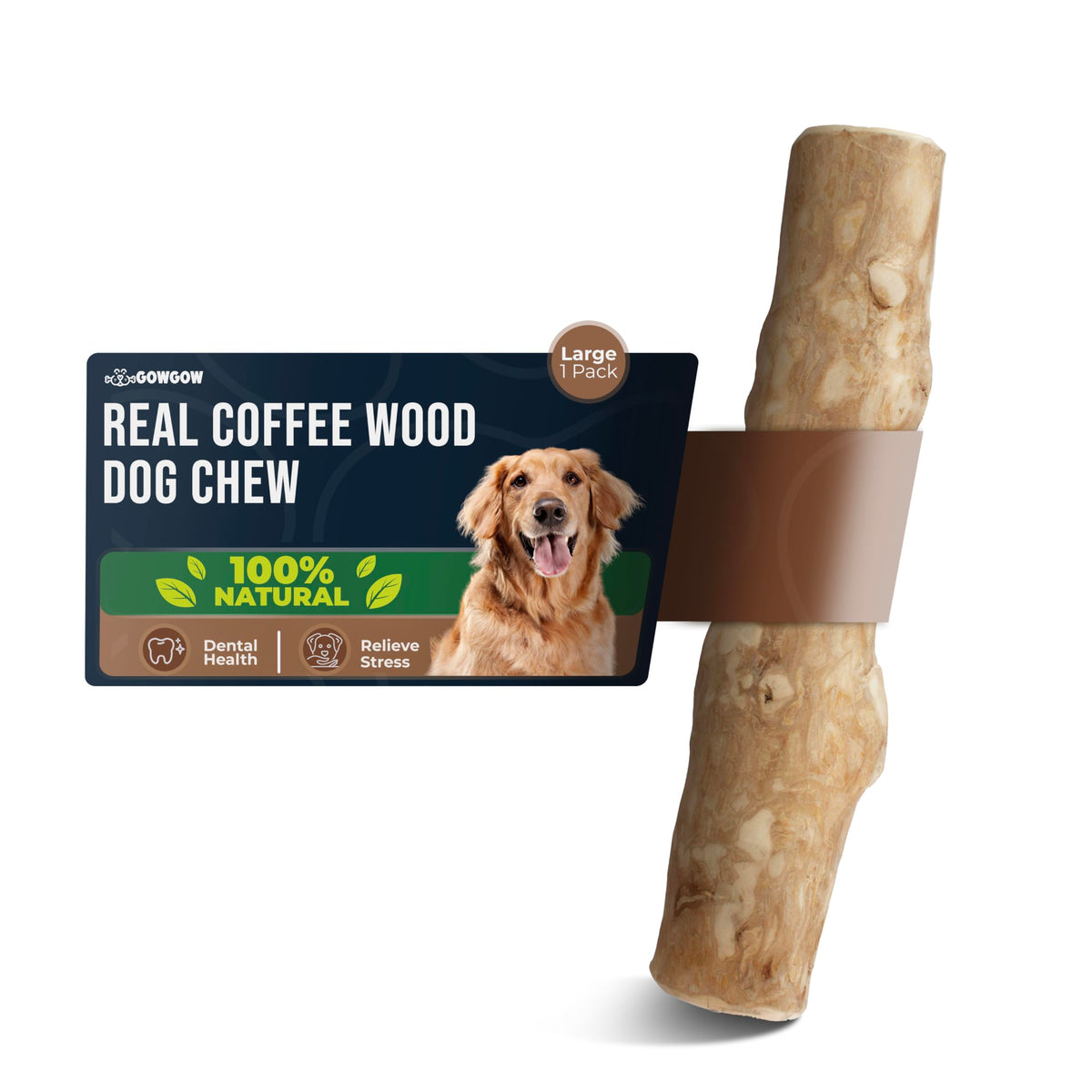 GOWGOW Coffee Wood Dog Chew in giant size for large breeds enhances focus during chew sessions.