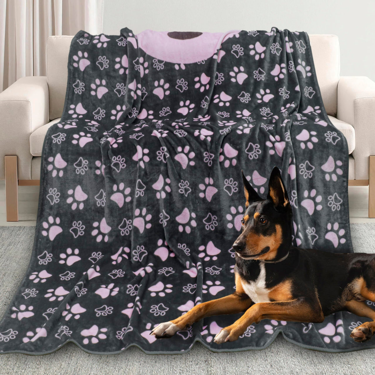 Gowyeg upgraded dog blanket in gray-pink offers plush warmth with 300GSM flannel.