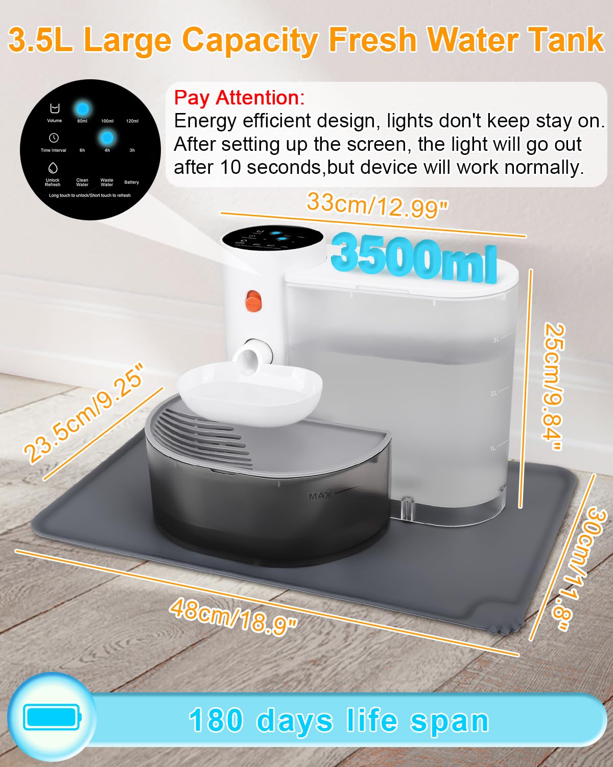 GOYJOY smart pet water fountain side view emphasizes quiet operation for a peaceful home.
