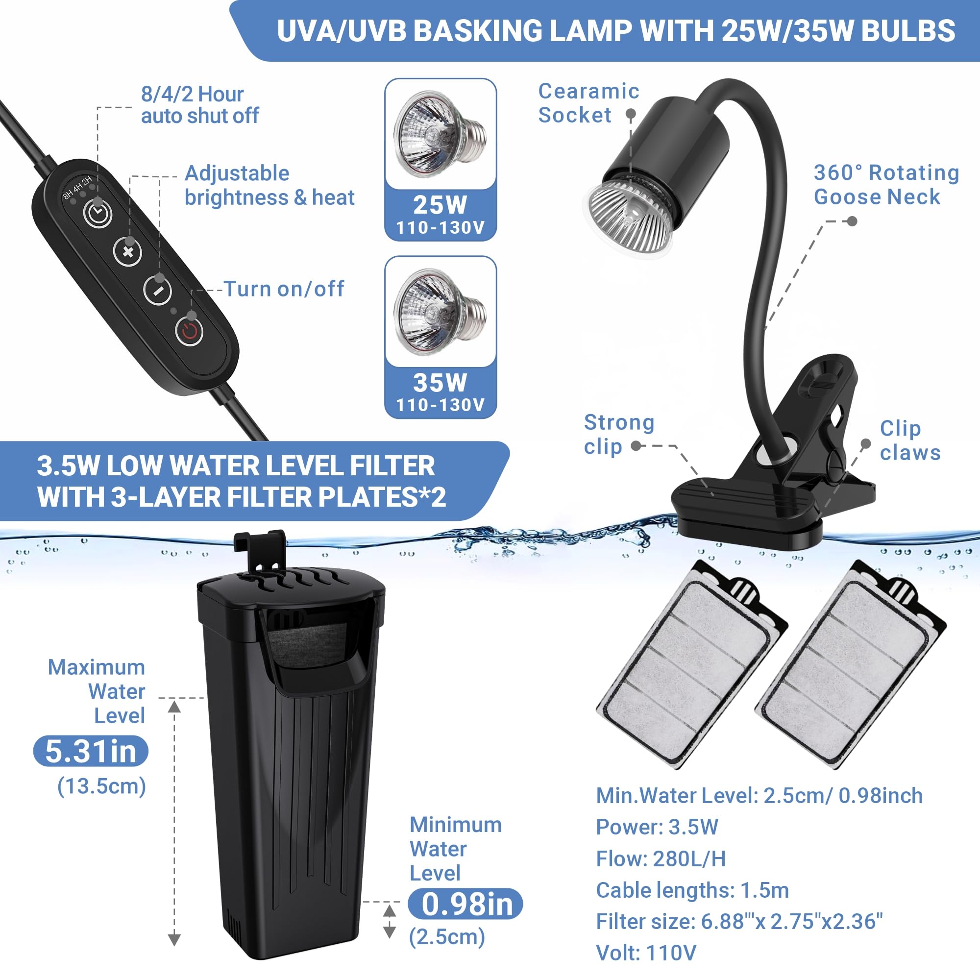 GOZILLA turtle filter 3.5W keeps water clean for healthy viewing.