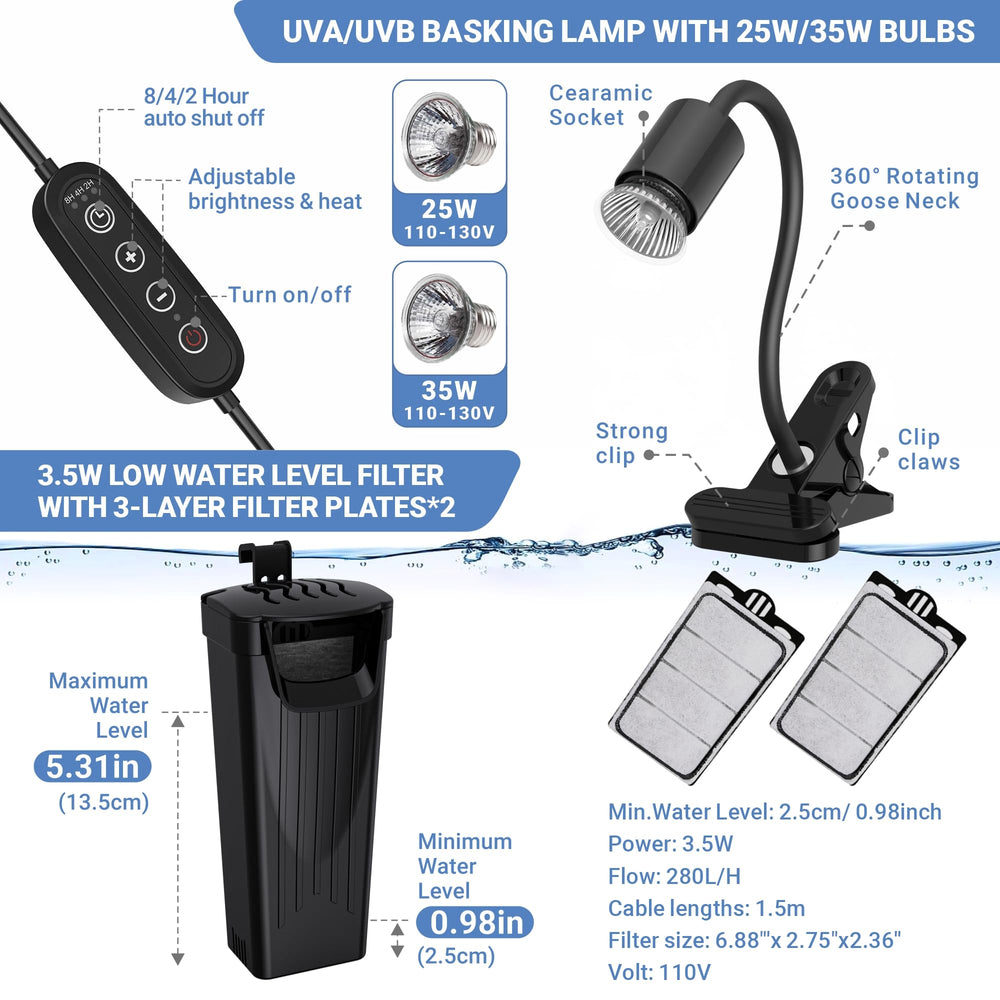 GOZILLA turtle filter 3.5W keeps water clean for healthy viewing.