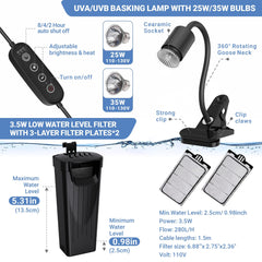 GOZILLA turtle filter 3.5W keeps water clean for healthy viewing.