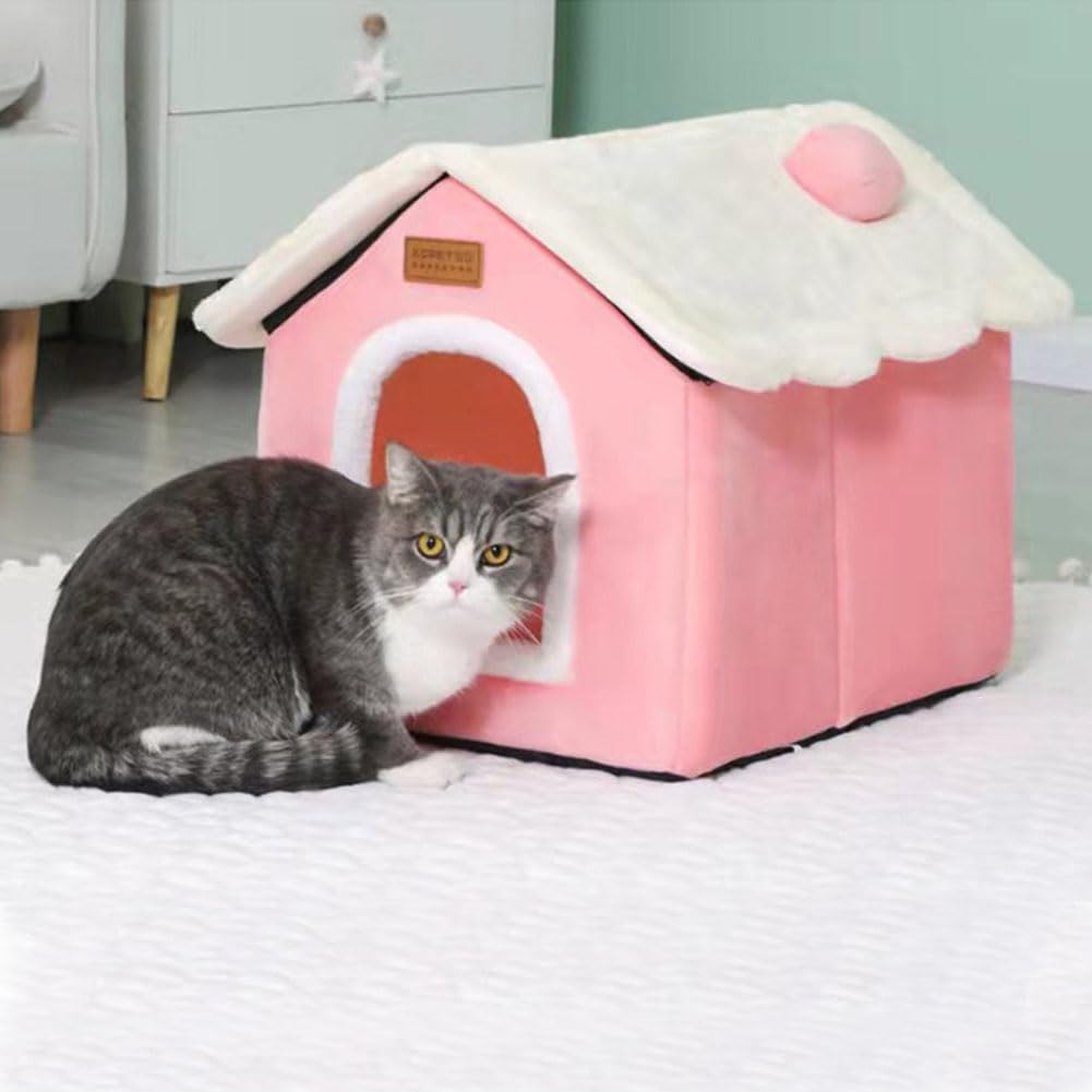 GPPSUNGD Christmas Cat Bed pink front cottage close-up highlights a soft cushion for all-season comfort.