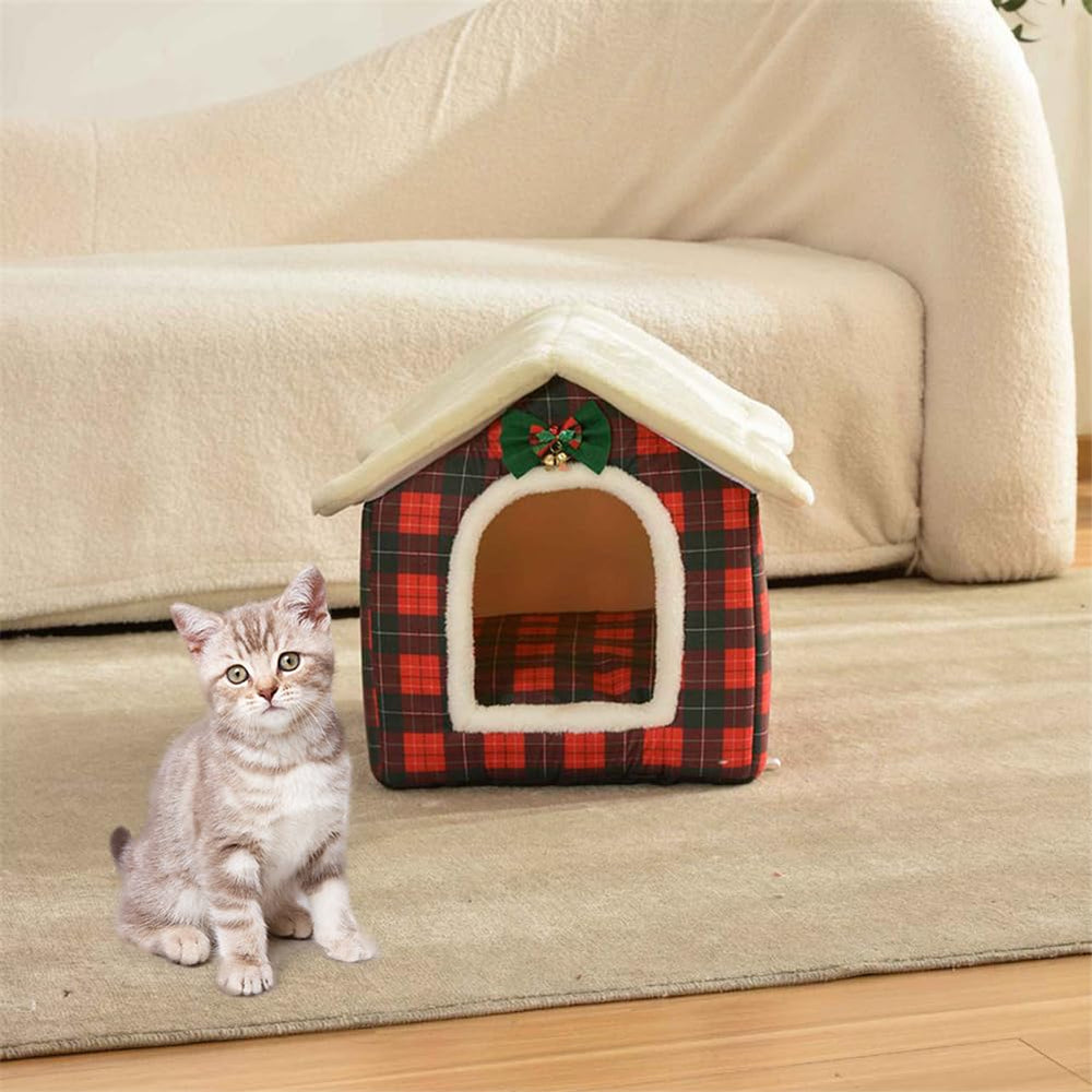 GPPSUNGD Christmas Cat Bed pink in-use scene demonstrates a private retreat for multi-pet homes.