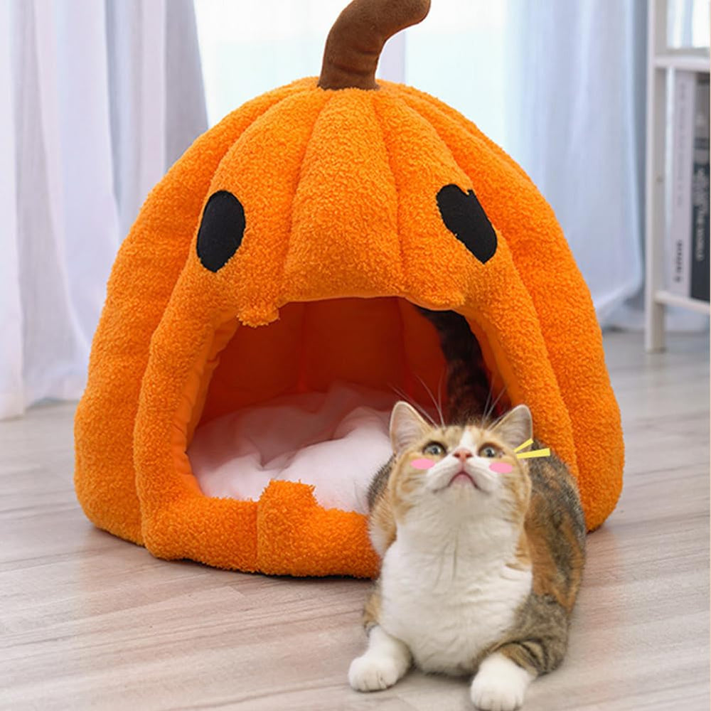 GPPSUNGD pumpkin cat bed interior cushion detail highlights removable washable pillow for easy cleaning.