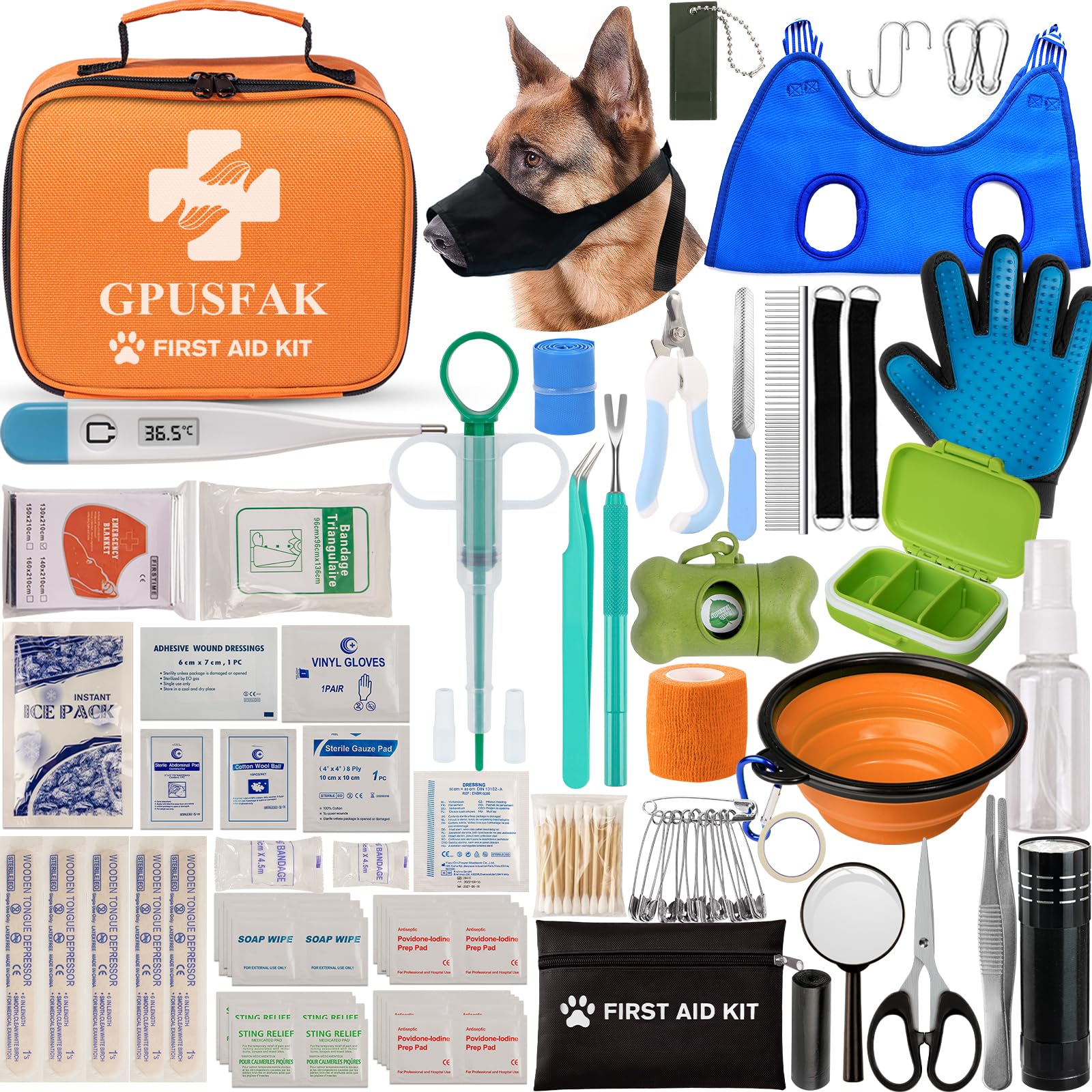 GPUSFAK Dog First Aid Kit case open showing quick-care essentials