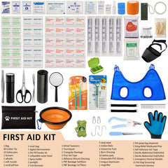 GPUSFAK Dog First Aid Kit contents with gloves bandages and tweezers