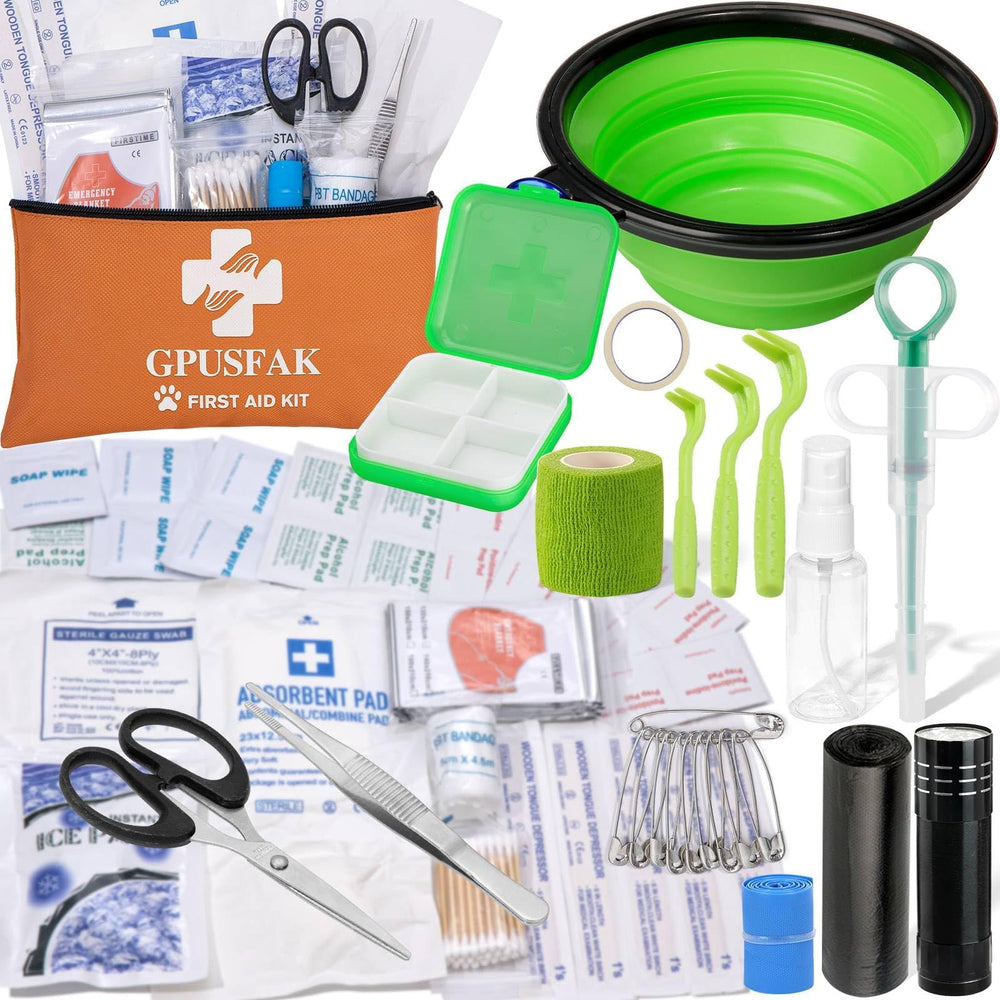 GPUSFAK Pet First Aid Kit contents with bandages and tweezers for quick care.