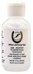 Grand Circuit White Lightning Gel bottle close-up for convenient hoof care and fungal protection.