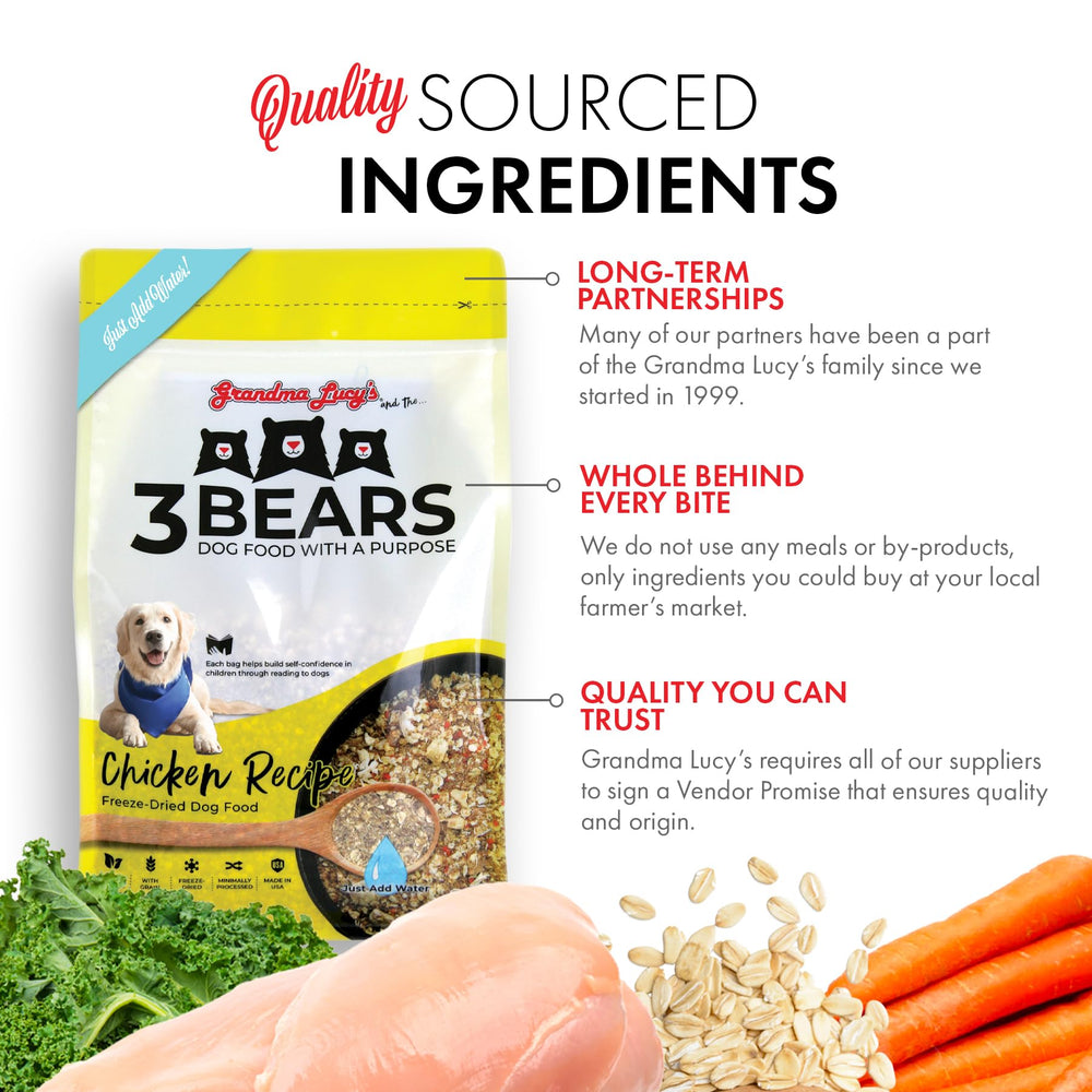 Grandma Lucy's 3 Bears Chicken Dog Food freeze-dried process image emphasizes nutrient retention.