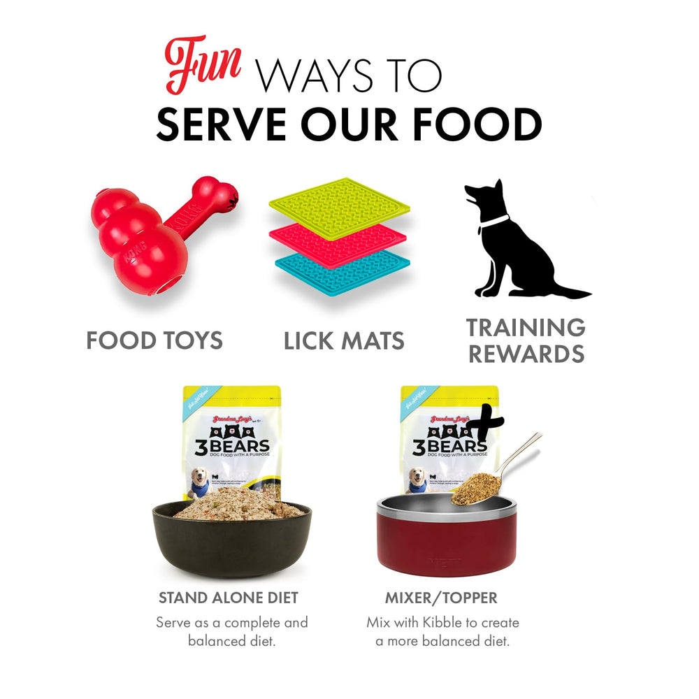 Grandma Lucy's 3 Bears Chicken Dog Food made-in-USA badge signals small-batch quality.