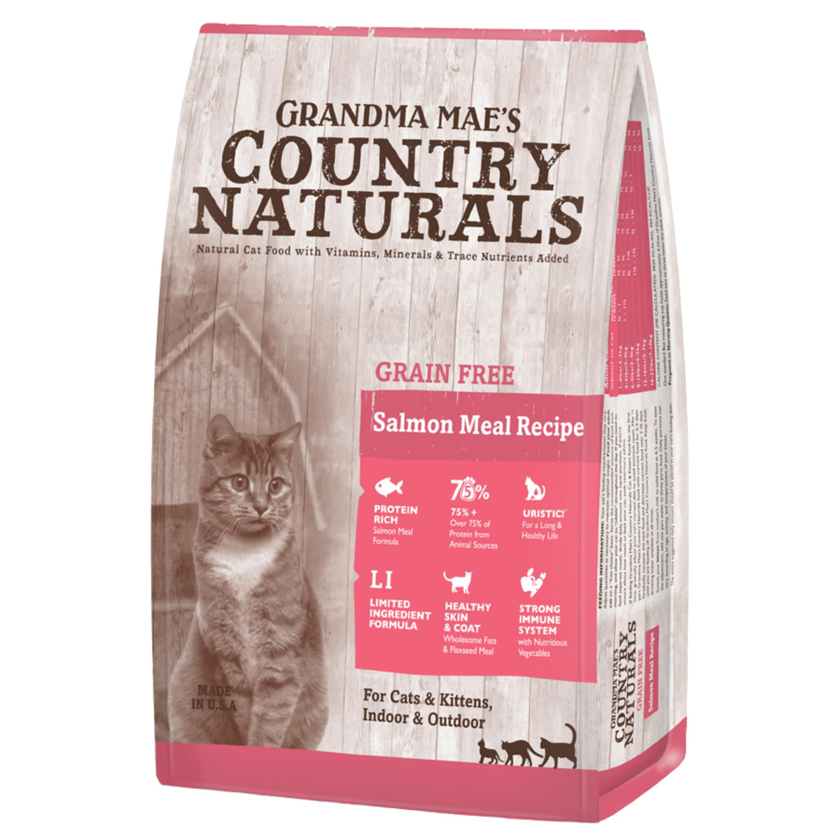 Grandma Mae's Country Naturals salmon grain-free dry cat food bag for grain-free meals.