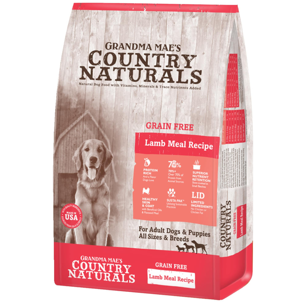 Grandma Mae's dry dog food lamb slow-cooked 25 lb bag offers grain-free nutrition.