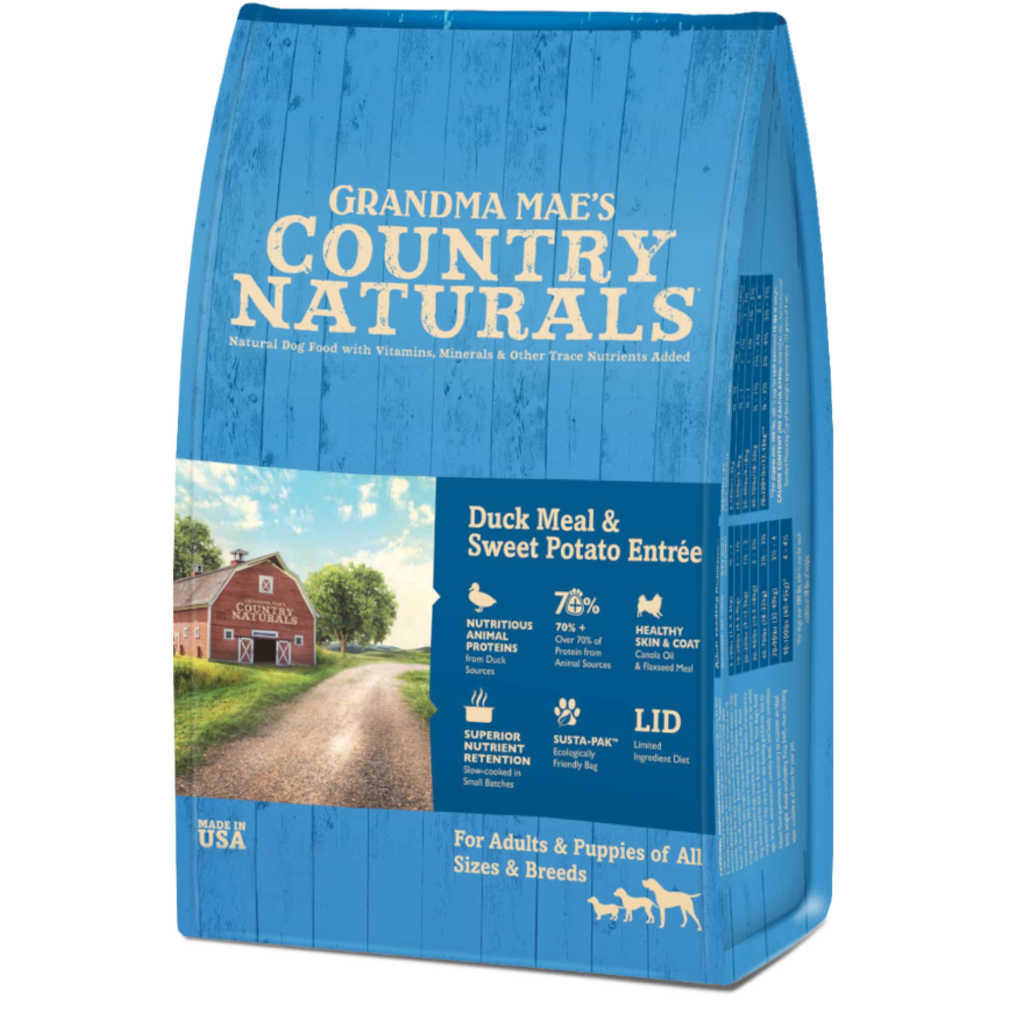 Grandma Mae's Duck & Sweet Potato dry dog food bag highlights real protein and wholesome grains.