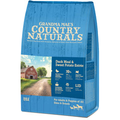 Grandma Mae's Duck & Sweet Potato dry dog food bag highlights real protein and wholesome grains.