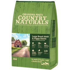Grandma Mae's Large Breed Dry Dog Food bag showing chicken and brown rice for balanced meals
