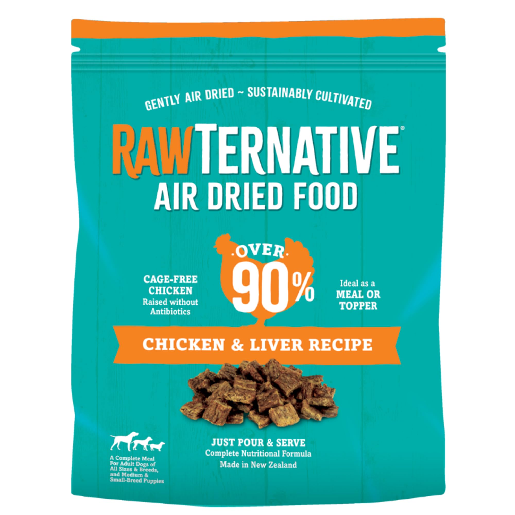 Grandma Mae's RawTernative air-dried dog food with chicken and liver in a chunky texture for palatability.
