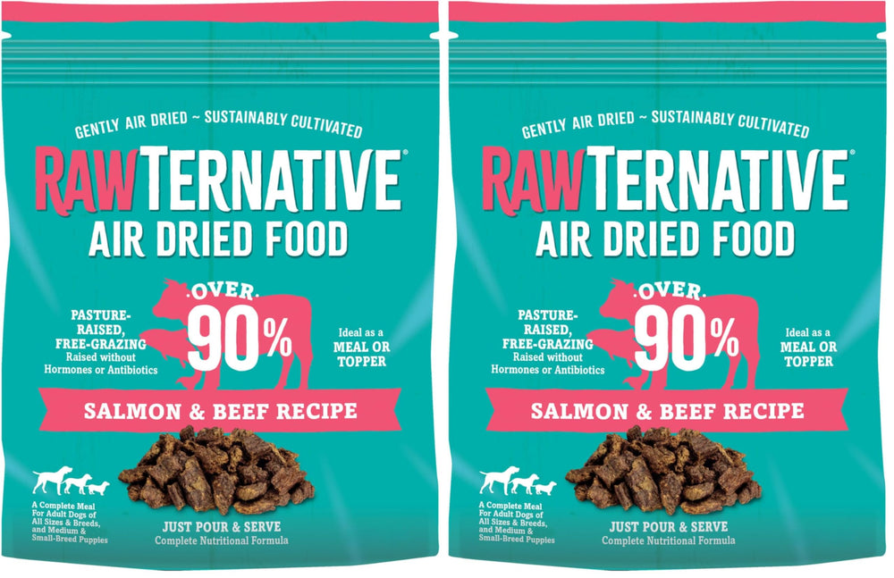 Grandma Mae's RawTernative air-dried dog food with salmon, beef, and NZ green mussels.