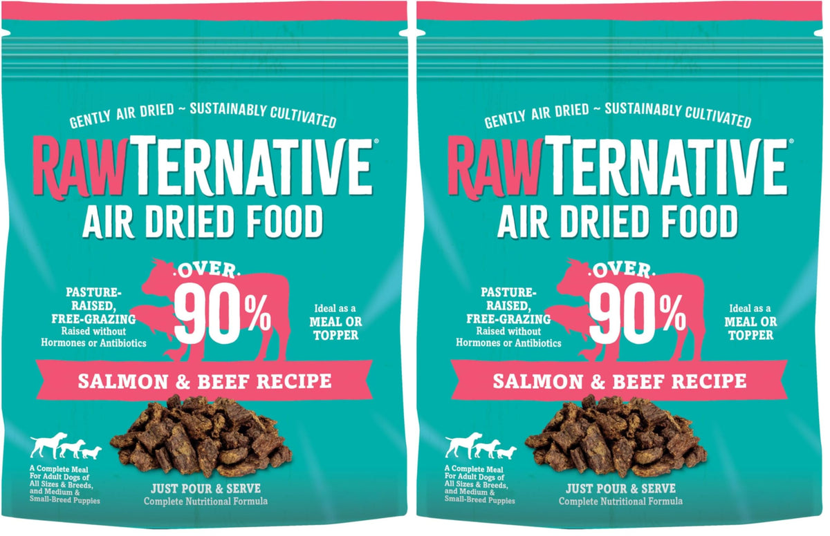 Grandma Mae's RawTernative air-dried dog food with salmon, beef, and NZ green mussels.