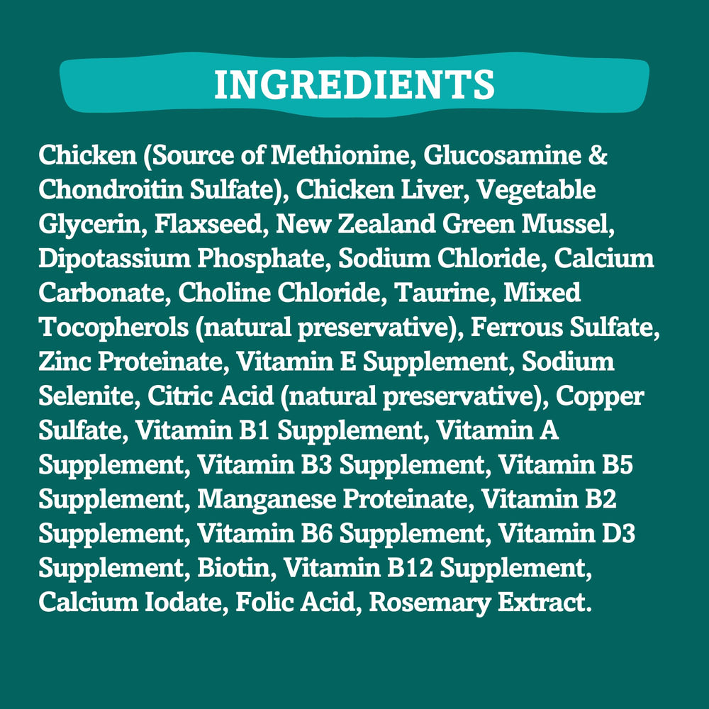Grandma Mae's RawTernative ingredients label featuring chicken, liver, and flaxseed.
