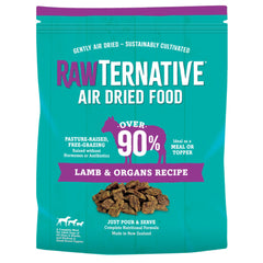 Grandma Mae's RawTernative lamb-meat-chunks offer high-protein nutrition for active dogs.