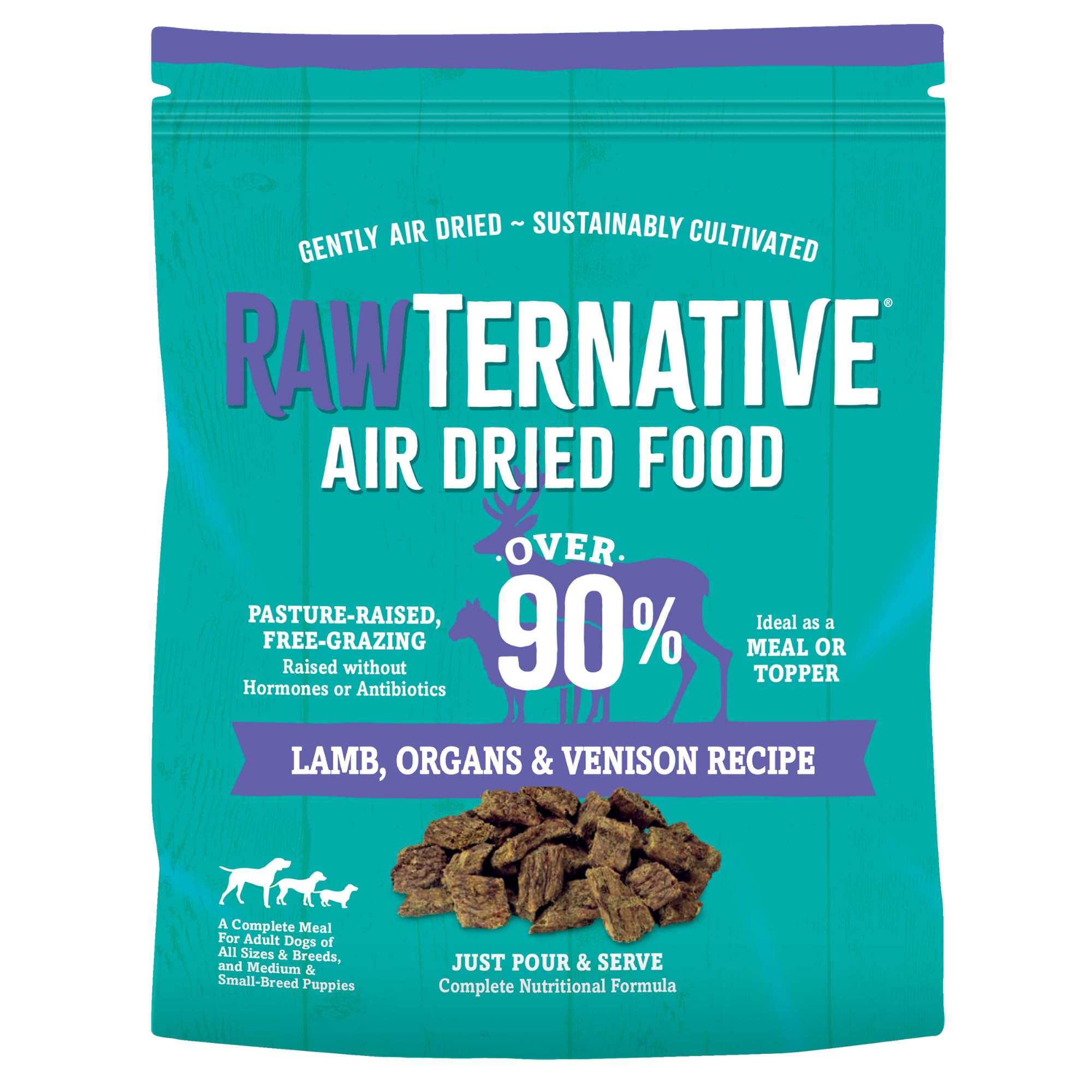 Grandma Mae's RawTernative lamb-venison-bites: high-protein dog nutrition.