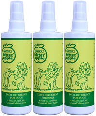 Grannick's Bitter Apple spray 3-pack bottles shown to deter dog licking and chewing.