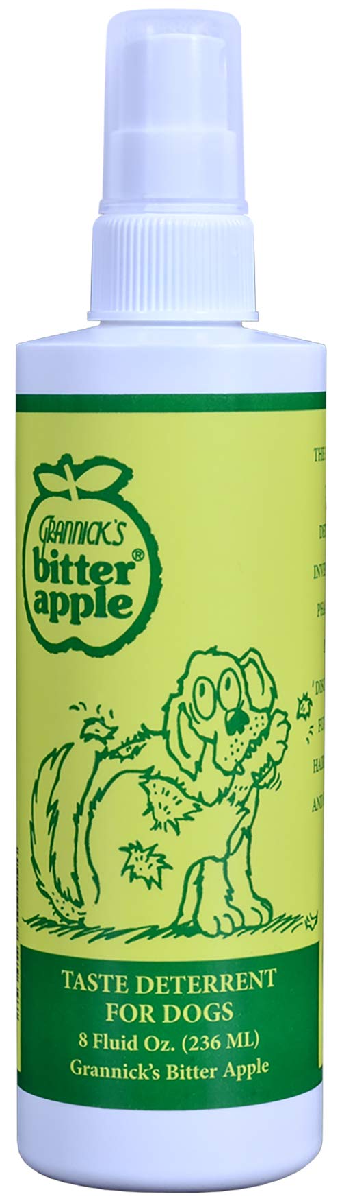 Grannick's Bitter Apple spray label closeup highlighting a dog-safe deterrent for licking.